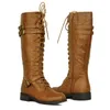 Nieuwe kniehoge vrouwen laarzen herfst winter lace up vintage platte schoenen sexy steampunk lederen retro gesp dames snowboots 200916