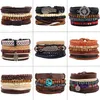 4pcsset 수제 Boho 집시 히피 검은 가죽 로프 코드 윙 손 잎 MAN4680502 용 Compass Charm Stackable Wrap 팔찌