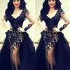 2021 Black Lace Mermaid Prom Dresses met Afneembare Trein Parels Kralen Illusie Een Mouw Applicaties Dames Formele Avondjurken Custom Made Special Party Dress