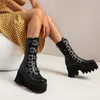 Stivali Sexy Fibbia Donne in pelle autunno blocco tacco Gothic Black Punk Style Platform Shoes Shoes Female calzature di alta qualità Plus Size