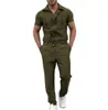 Summer Zipper Jumpsuit Streetwear Male Tracksuits Short Sleeve Solid Color Cargo Pants Set Jumpsuits Overalls M-2XL