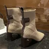 Donne 2020 nuovi stivali elasticizzati punta quadrata stivaletti con tacco grosso stivali in tessuto elastico lavorato a maglia solido