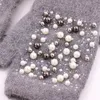 Five Fingers Gloves Fingerless Women Wool Winter Knit Fur Pearl Beaded Female Autumn Mitten Half Finger Warm Rhinestone19631606