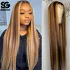 Perruque Lace Front Wig péruvienne naturelle Remy, cheveux naturels, à reflets, 28 30 pouces, Straght 180%, 13x6, Lace Frontal Transparent Hd, blond miel