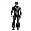 18 Colors Men Shiny Faux Leather Catsuit Deep V-neck Long Sleeve Bodysuit Sexy Flared Jumpsuit Carnival Clown Cosplay Costume