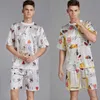 Conjunto de pijama de cetim de seda masculino manga curta pijamas o pescoço pijama homme moda pijamas conjunto superior e shorts para summer346p
