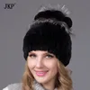 Gorro de piel de invierno para mujer, gorro de piel auténtica Rex con gorro tejido con flores plateadas, 5667471