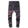 Jeans para hombres Trendy Ripped Purple Men Slim Fit Tobillo apretado Motor Biker Pantalones Punk Rock Hole Color Contraste