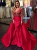 Red Mermaid Prom Dresses Scollo a V a maniche lunghe in raso Appliques Backless sexy Plus Size abiti da sera del partito staccabile Gonna