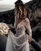 Sexy Sparkly Stunning Long Sleeve A Line Wedding Dresses Sheer Neck Long Sleeves Sequined Beach Wedding Dress Bridal Gown Vestido de Novia