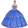 Mexikansk Fiesta Helt Broderi Avtagbar Tiered Quinceanera Klänning Charro XV Party Royal Blue 2 stycken Klassisk Debutante Ball Kappa