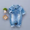 Primavera do bebê Luva longa da criança lapela Collar Pattern Denim Jeans girafa do arco-íris macacãozinho crianças infantil Macacões Roupas de bebe LY083