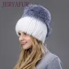 Шапка шапочки/черепа Jeryafur Women Furs шляпы для зимней подлинной кепки с серебряными помнями вязаные шапочки для продажи шляпы1 Scot22