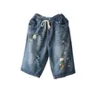 Retro buraco bordado algodão solto plus size feminino verão shorts casual curto femme denim jeans rasgados c5374