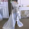 Arabiska Abiti da Cerimonia Aftonklänning Aso Ebi One Shoulder Beads Feather Full Sleeves Prom Dress Side Split Formal Party Gowns