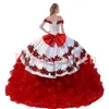 肩の刺繍3Dバラの花Quceanera Dressメキシコのシャルロメダリオン白と赤のマルメロメダルxvボールガウン