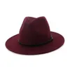 Широкий плоский Брим Женщины Мужчины Мужская Wool Felt Джаз Панама Fedora Шляпы с Belt Buckle Повседневный Gambler Hat партии фетровых