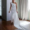Simple One Shoulder Jumpsuits Bohemian Wedding Dress with Long Train 2022 Country Garden Bridal Dresses Weddding Gowns Pant Suits Ivory Bride Jumpsuit