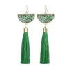 Bohemian Crystal Tassel Dangle Earring Svart Vit Blå Röd Grön Silk Fabric Long Drop Tassels Örhängen för Kvinnor Smycken Gåvor 6 färger