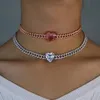 2020 Alla hjärtans presenthjärta CZ Miami Cuban Link Chain Choker Halsband Vit Rosa Flickvän Lover Gift Iced Out Smycken1