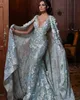 Amazing Lace Mermaid Evening Dresses With Long Jacket Beaded Neck Prom Gowns Plus Size 3D Appliqued Formal Dress