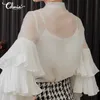 5XL Celmia Fashion White Blouses Women See Through Sexy Sheer Shirts Long Sleeve Ruffled Top Casual Loose Bow Plus Size Blusas 200925