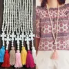 Neue 90 cm böhmische weiße türkisfarbene Kreuz lange Halsketten für Frauen Holzperlen Quaste Pullover Strang Anhänger Halskette Boho Schmuck