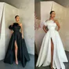 Strapless A Line Evening Dresses with Fur Custom Made Black Prom Dress Split Floor Length Formal Party Gowns