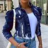 Autumn Women Ripped Denim Jackets Vintage Casual Short Jean Jacket Puff Sleeve Winter Lady Coat Streetwear Plus Size