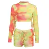 Women's Slim Long Sleeve T-Shirt Tie-Dye Pleated Top and Shorts Set Yellow Y0506