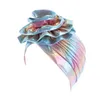 Women Hologram Metallic Rainbow Turban Hat Flower African Head Wrap Beanie Pre-Tied Elastic Bonnet Hair Loss Chemo Cap