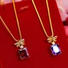 Square Cut Cubic Zircon Red/Purple Charm Pendant Chain 18K Yellow Gold Filled Shiny Jewelry Gift Beautiful Womens Girls Pretty Gift