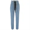 Femmes jean hanche pansement à lacets taille haute Streetwear mode Fiess pantalon Vintage pantalon femme tenues Denim pantalon
