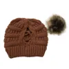 Criss Cross Pom Pom PonyTail Beanies 16色女性冬のハイバンニットハットデタッチ可能なポンポムパーティーハットCCA12560 30P6610475