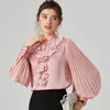 ピンクのランタンスリーブシルクブラウス女性女性秋ファッションルーシングシャツオフィスワークレディースカジュアルスタンド襟ホワイトシャツ