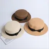 Seioum whole sun flat straw hat boater hat girls bow summer Hats For Women kid and Beach flat panama straw chapeau femme8525406