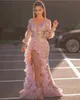 2020 ASO EBI Mermaid Prom Dresses Long Side Side Split Ruffles Pink Lace Sequin Evening Gowns V Neck Vestido de Novia274V