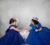 Royal Blue кристаллы 2020 Цветочница платье бальное платье Тюль Маленькая девочка Свадебные платья Vintage причастия Pageant платья Платья F2155