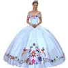 Estilo mexicano fora do ombro Sweetheart Flor Natural e Aves Bordado Ocidental Quinceanera Doce 16 Debutante Vestido