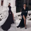 2020 Sexy schwarze Meerjungfrau-Abendkleider mit langen Ärmeln, tiefem V-Ausschnitt, Satin, Sweep-Zug, Abendkleider, hohe Schlitze, Abendkleider
