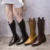 Nowe Kobiety Kolano Wysokie buty Wskazane Toe Grube Heel Slip On Buty Retro Western Boots Cowboy Buty Obuwie Mid-Cielę Zima