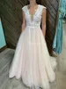 2021 Champagne Dresses A Line Lace Applique Tulle Illusion Bodice Covered Buttons Wedding Bridal Gown Plus Size Vestido De Novia