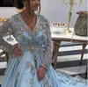 Sky Light Blue marroquinos Caftan Vestidos de manga longa apliques Cristais Pérolas frisada muçulmana árabe Prom Party Vestidos