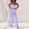 Kvinnors Tracksuits Asien Strapless Boned Corset Crop Top Two Piece Set Kvinnor Hög midja Flare Byxor 2 Ställer Sommar Långbyxor Suit Whte