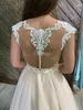 2021 Champagne Dresses A Line Lace Applique Tulle Illusion Bodice Covered Buttons Wedding Bridal Gown Plus Size Vestido De Novia