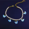 Akrylfjäril Kvinnor Anklets Iced Out Tennis Chain Ben Armband Rhinestone Silver Gulddjur Hängsmycke Charms Fashion Beach Fötter Smycken