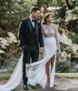 Sexy bohemian vestidos nupciais boho vestidos de noiva de praia ver através de 2021 3D Floral apliques ilusão de manga comprida lado alto split vestidos