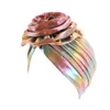 Women Hologram Metallic Rainbow Turban Hat Flower African Head Wrap Beanie Pre-Tied Elastic Bonnet Hair Loss Chemo Cap