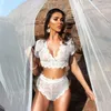 Babydoll Sexigt nät Sheer Underwear Nightwear Exotic Two Piece Set nya sexiga kvinnor underkläder skörd topp spets tyll trosor sömnkläder1333d