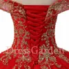 Glamorous Scarlet Red Sparkle Tule Ouro Bordado Quinceanera Vestido Off The Shoulder Sweep Trem Glitter Doce 16 Ball Vestido